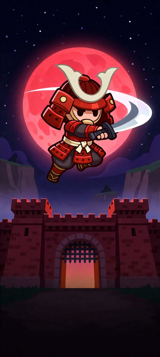 Key art of our first game: a samurai leaping in front of a red moon